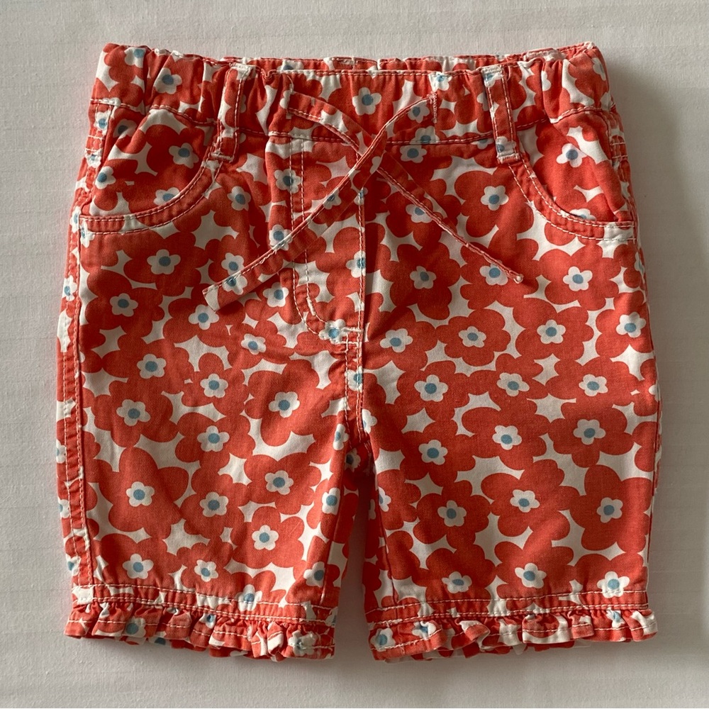 Mini Boden Shorts 6-12 Months Baby Girls Floral Red White Flowers Heart Pockets